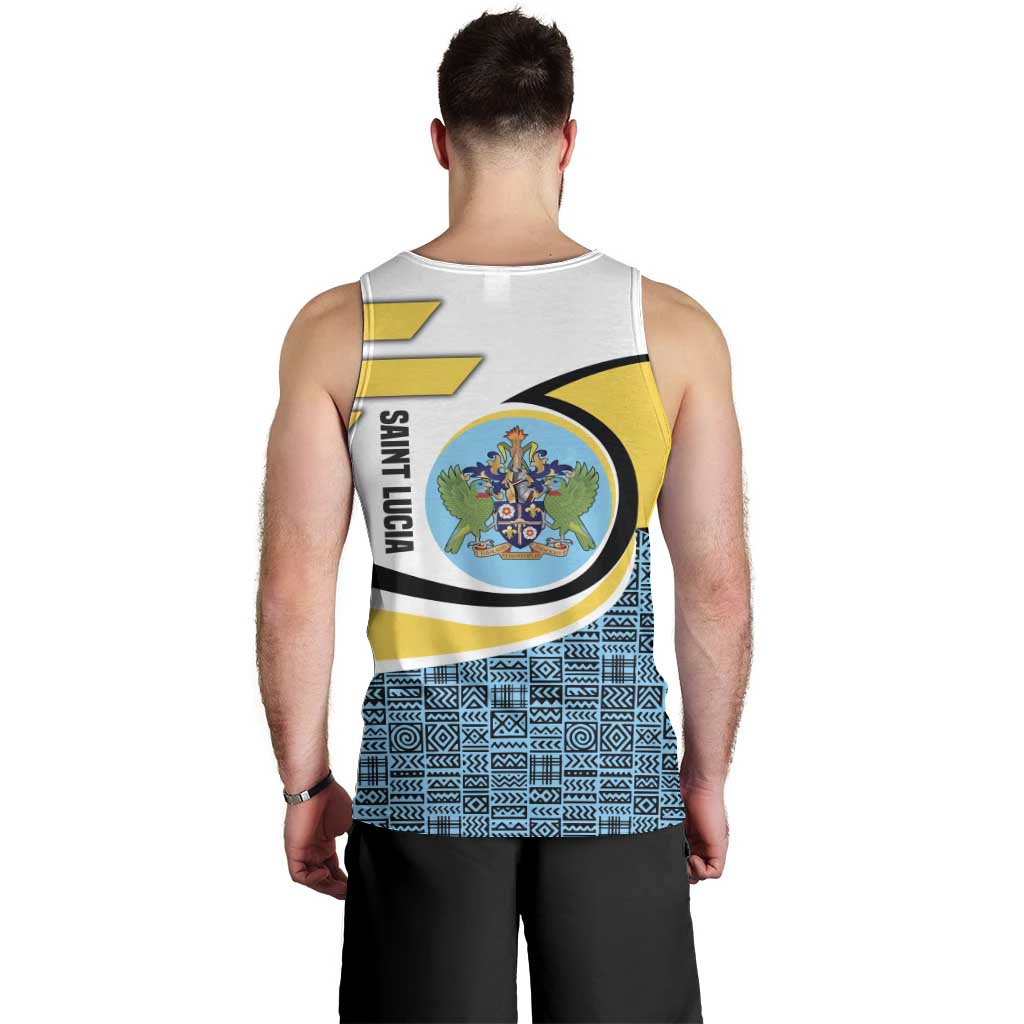 Saint Lucia Modern Tribal Crest Design Men Tank Top with Flag Colors and Bold Text Layout - Wonder Print Shop