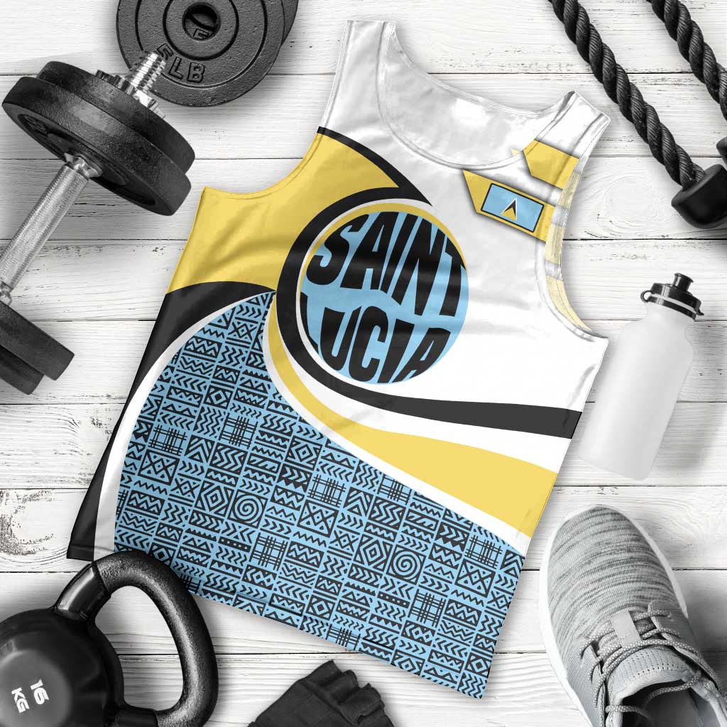 Saint Lucia Modern Tribal Crest Design Men Tank Top with Flag Colors and Bold Text Layout - Wonder Print Shop