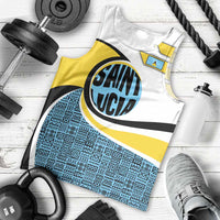 Saint Lucia Modern Tribal Crest Design Men Tank Top with Flag Colors and Bold Text Layout - Wonder Print Shop