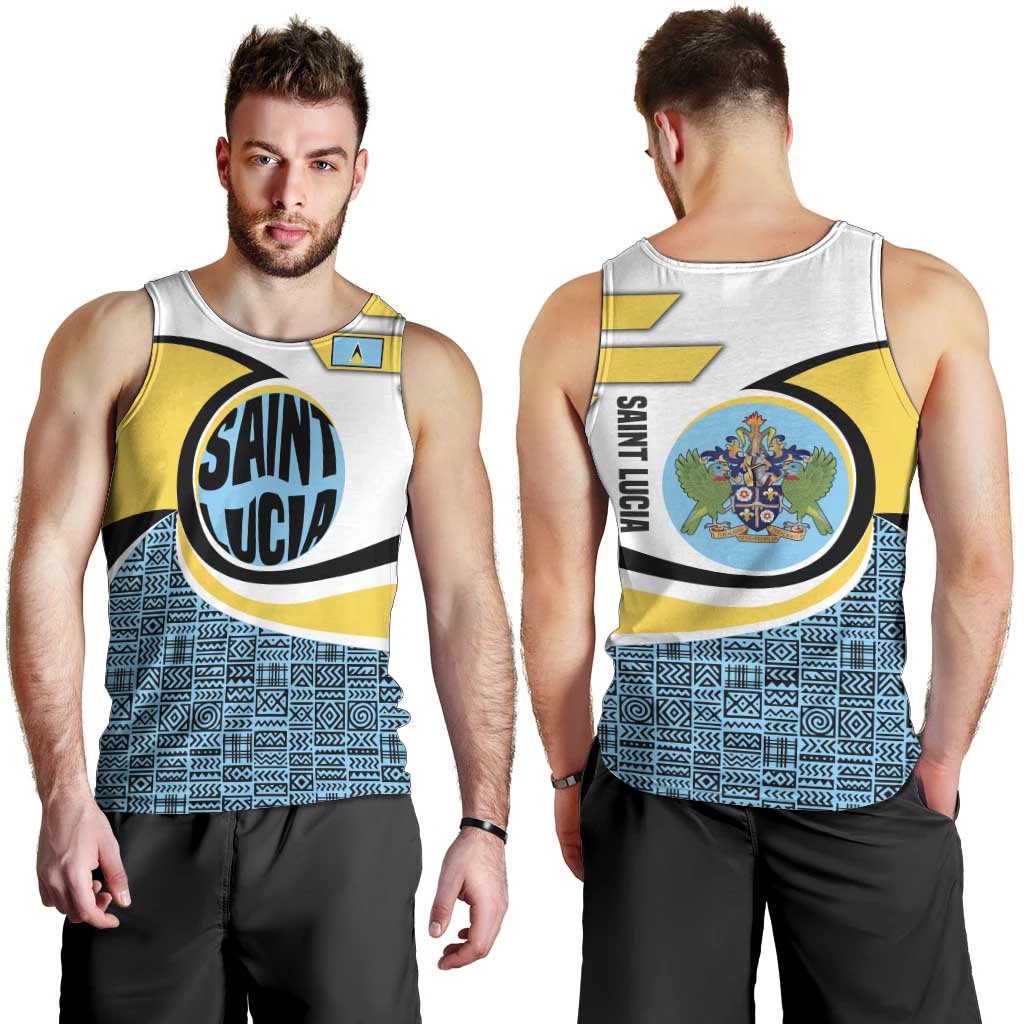 Saint Lucia Modern Tribal Crest Design Men Tank Top with Flag Colors and Bold Text Layout - Wonder Print Shop