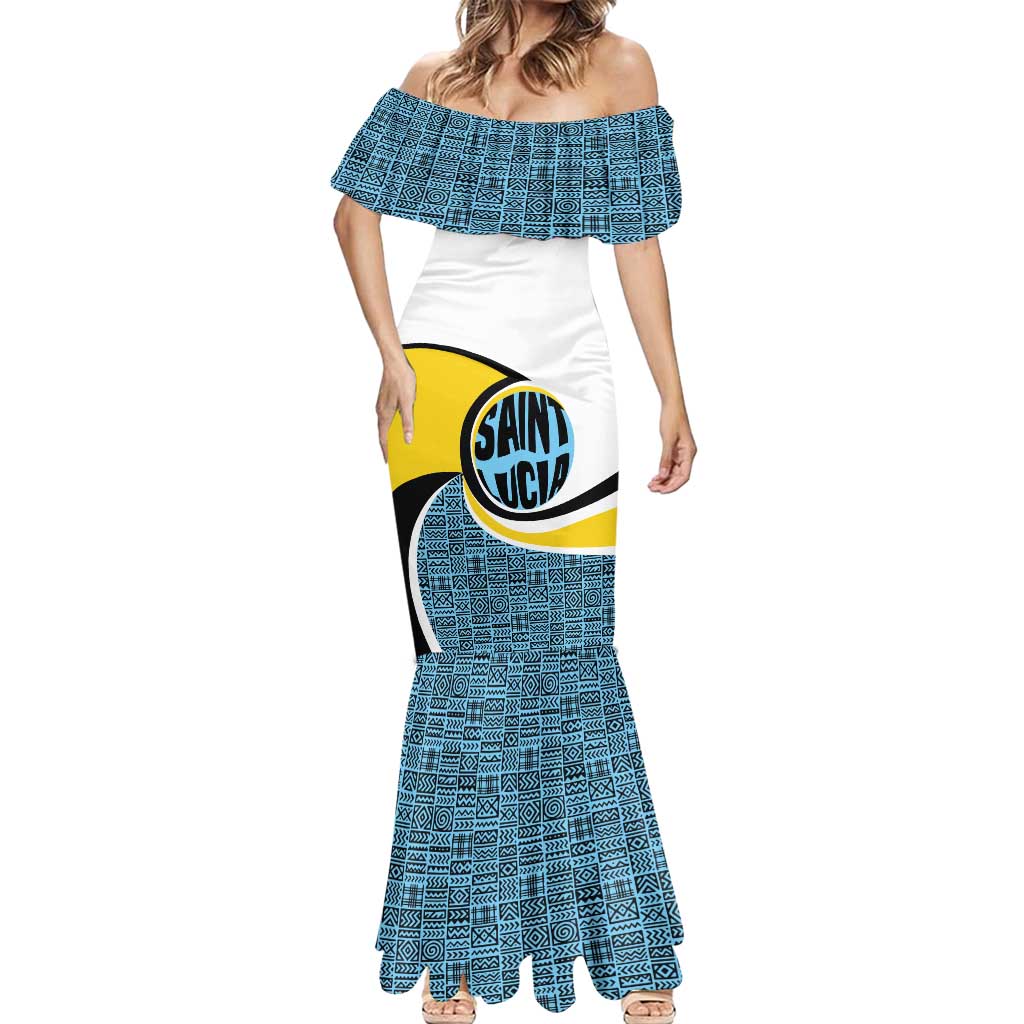 Saint Lucia Modern Tribal Crest Design Mermaid Dress with Flag Colors and Bold Text Layout - Wonder Print Shop