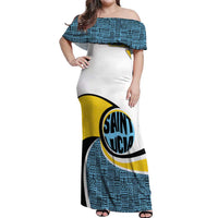 Saint Lucia Modern Tribal Crest Design Off Shoulder Maxi Dress with Flag Colors and Bold Text Layout - Wonder Print Shop