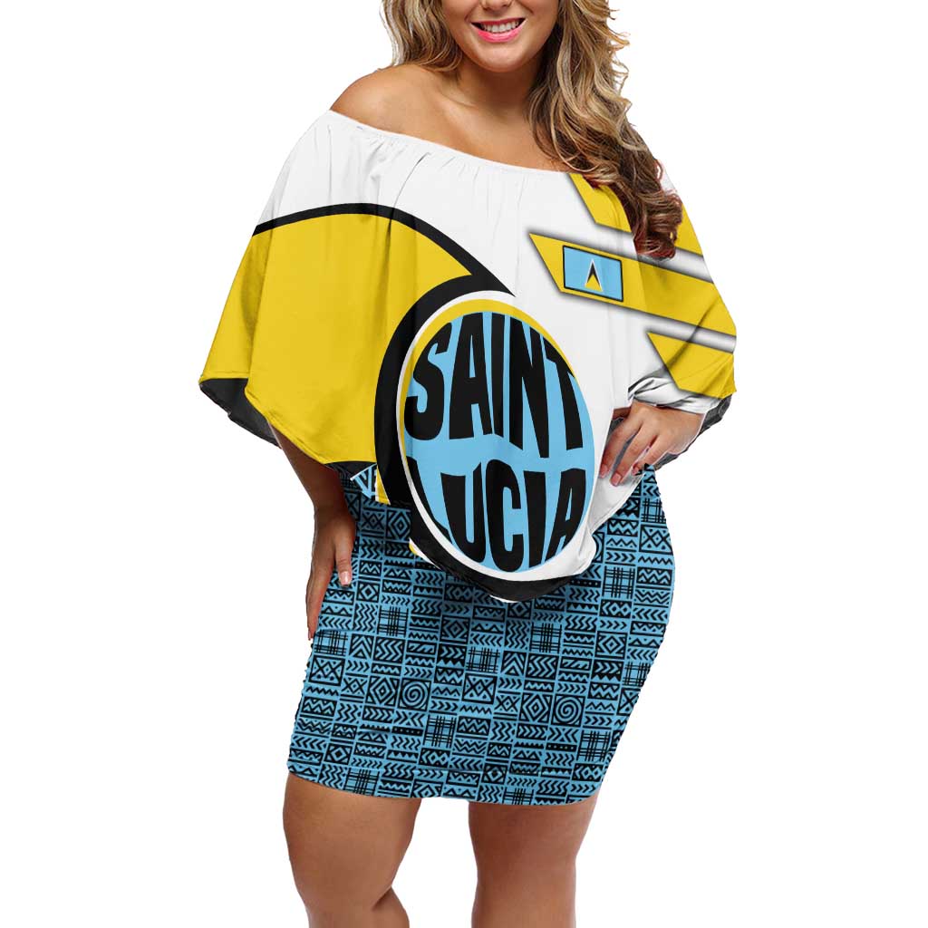 Saint Lucia Modern Tribal Crest Design Off Shoulder Short Dress with Flag Colors and Bold Text Layout - Wonder Print Shop