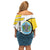 Saint Lucia Modern Tribal Crest Design Off Shoulder Short Dress with Flag Colors and Bold Text Layout - Wonder Print Shop
