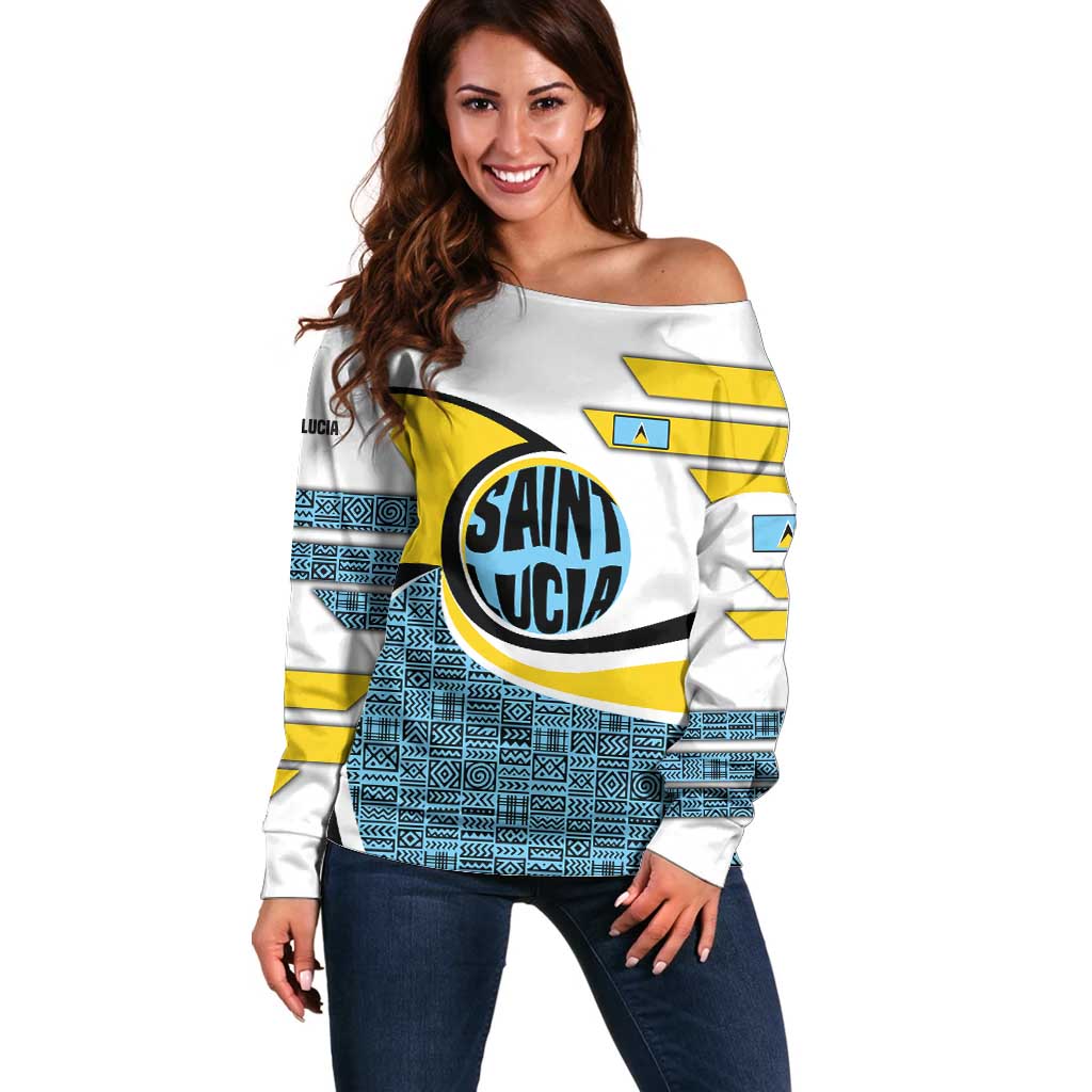 Saint Lucia Modern Tribal Crest Design Off Shoulder Sweater with Flag Colors and Bold Text Layout - Wonder Print Shop