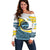 Saint Lucia Modern Tribal Crest Design Off Shoulder Sweater with Flag Colors and Bold Text Layout - Wonder Print Shop
