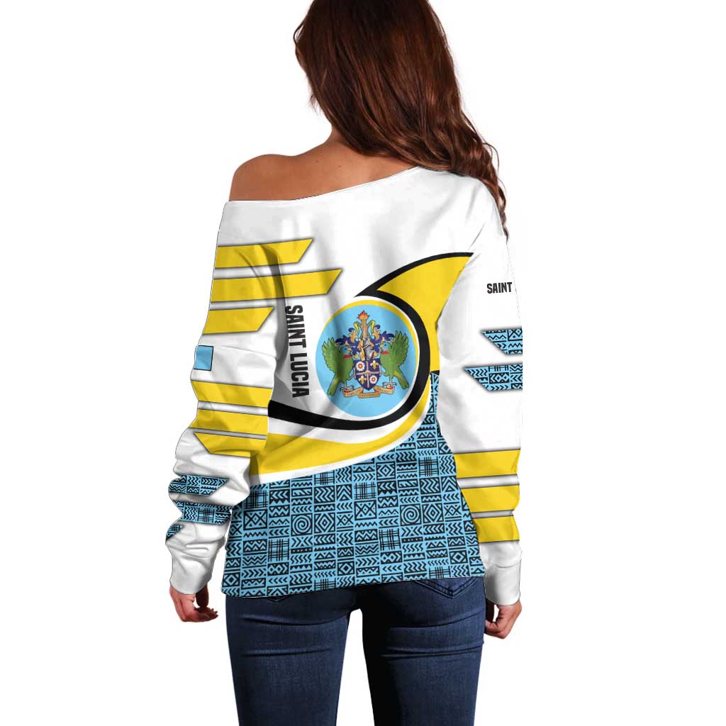 Saint Lucia Modern Tribal Crest Design Off Shoulder Sweater with Flag Colors and Bold Text Layout - Wonder Print Shop