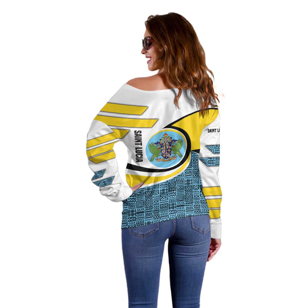 Saint Lucia Modern Tribal Crest Design Off Shoulder Sweater with Flag Colors and Bold Text Layout - Wonder Print Shop