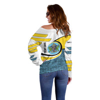 Saint Lucia Modern Tribal Crest Design Off Shoulder Sweater with Flag Colors and Bold Text Layout - Wonder Print Shop