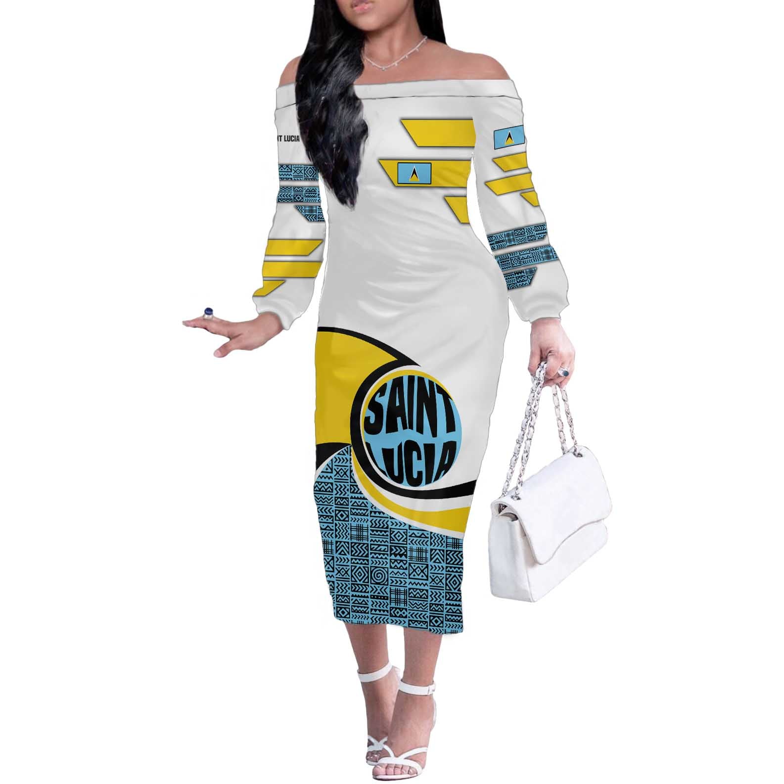 Saint Lucia Modern Tribal Crest Design Off The Shoulder Long Sleeve Dress with Flag Colors and Bold Text Layout - Wonder Print Shop