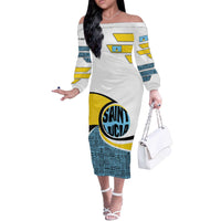 Saint Lucia Modern Tribal Crest Design Off The Shoulder Long Sleeve Dress with Flag Colors and Bold Text Layout - Wonder Print Shop