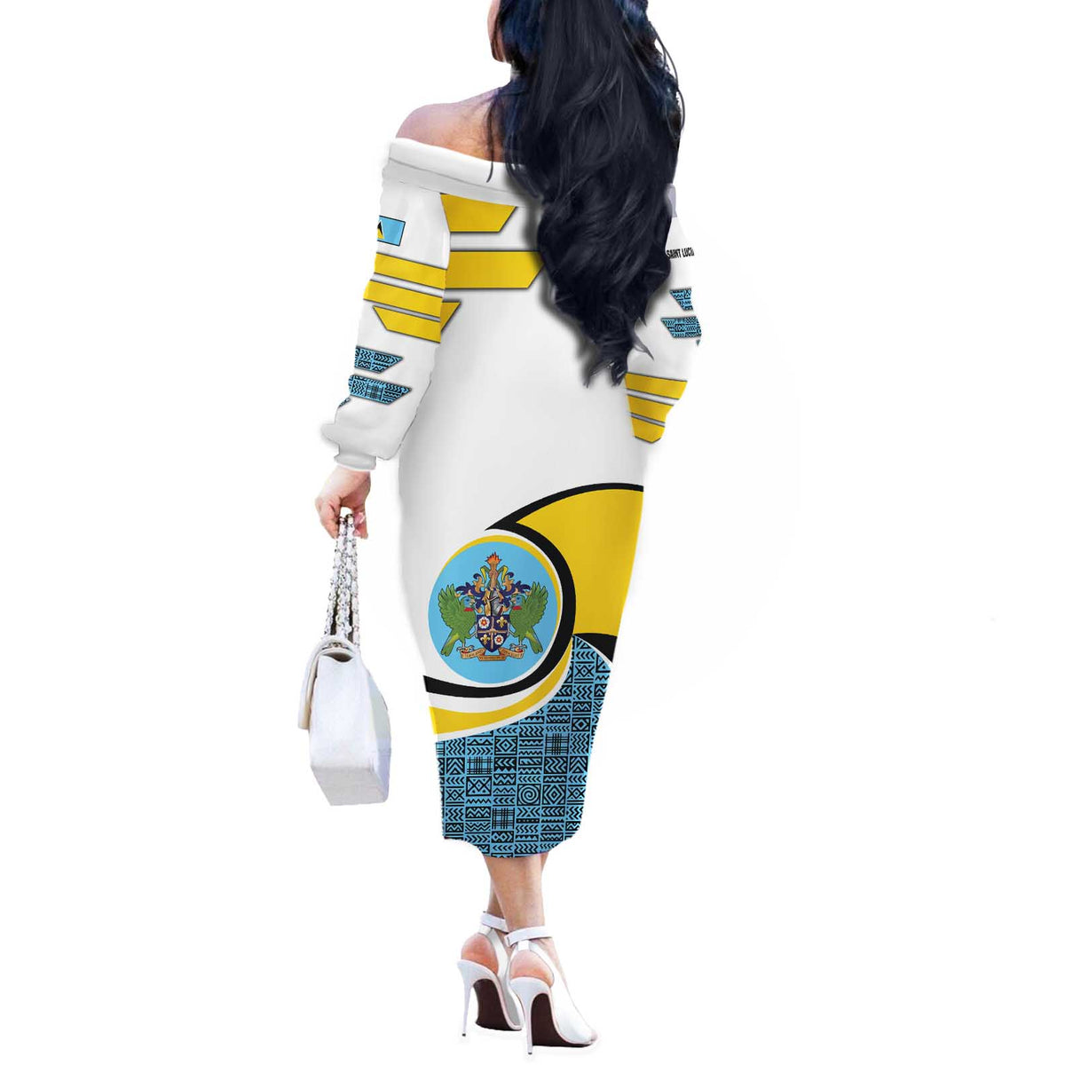 Saint Lucia Modern Tribal Crest Design Off The Shoulder Long Sleeve Dress with Flag Colors and Bold Text Layout - Wonder Print Shop