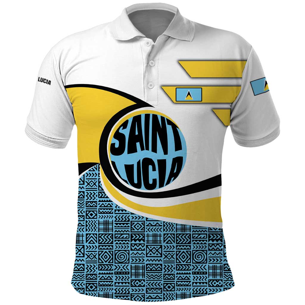 Saint Lucia Modern Tribal Crest Design Polo Shirt with Flag Colors and Bold Text Layout - Wonder Print Shop