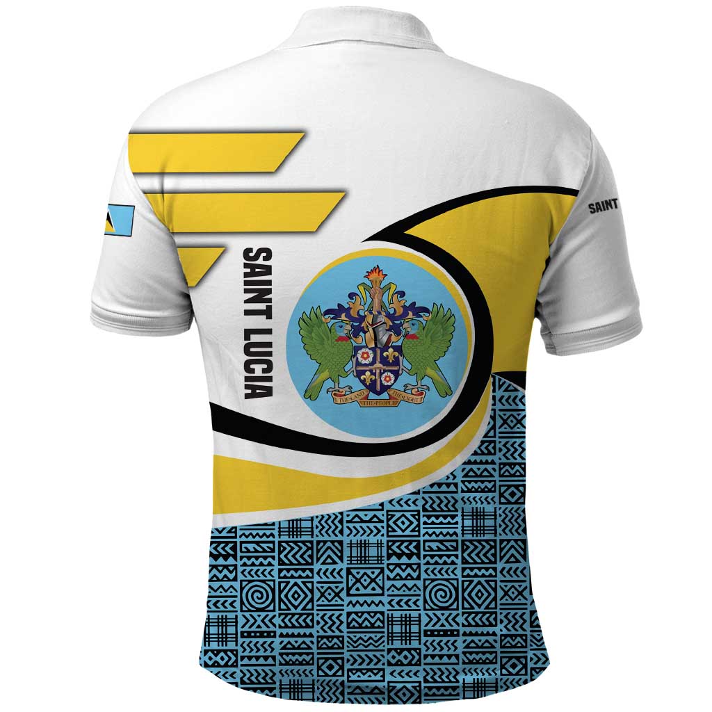 Saint Lucia Modern Tribal Crest Design Polo Shirt with Flag Colors and Bold Text Layout - Wonder Print Shop