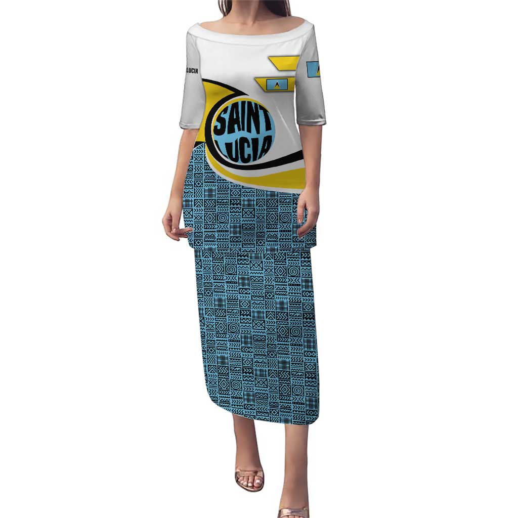 Saint Lucia Modern Tribal Crest Design Puletasi with Flag Colors and Bold Text Layout - Wonder Print Shop