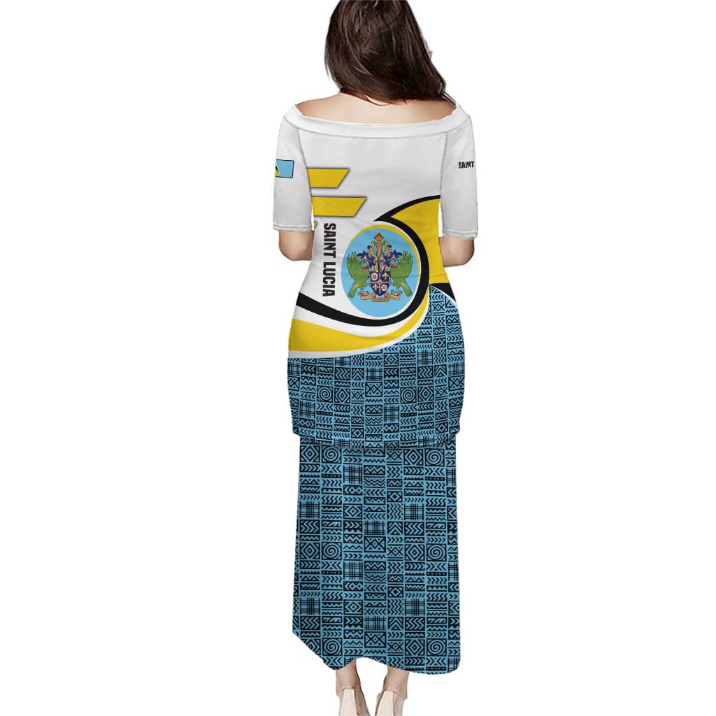Saint Lucia Modern Tribal Crest Design Puletasi with Flag Colors and Bold Text Layout - Wonder Print Shop