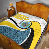 Saint Lucia Modern Tribal Crest Design Quilt with Flag Colors and Bold Text Layout - Wonder Print Shop