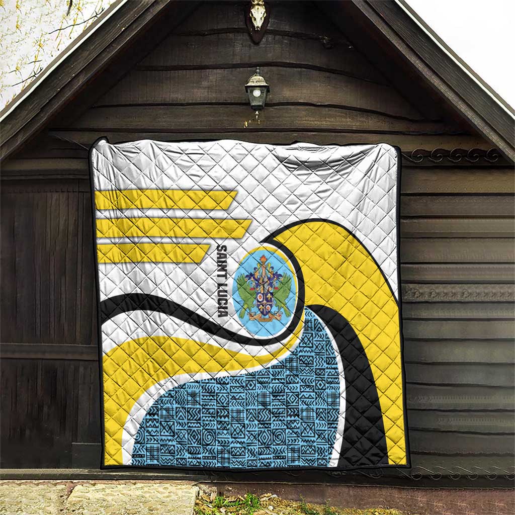 Saint Lucia Modern Tribal Crest Design Quilt with Flag Colors and Bold Text Layout - Wonder Print Shop