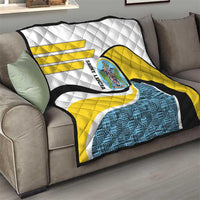 Saint Lucia Modern Tribal Crest Design Quilt with Flag Colors and Bold Text Layout - Wonder Print Shop