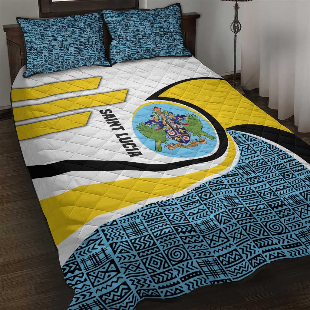 Saint Lucia Modern Tribal Crest Design Quilt Bed Set with Flag Colors and Bold Text Layout - Wonder Print Shop