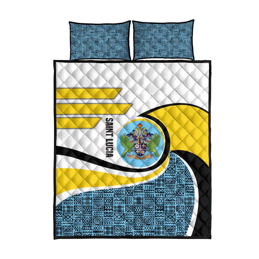 Saint Lucia Modern Tribal Crest Design Quilt Bed Set with Flag Colors and Bold Text Layout - Wonder Print Shop
