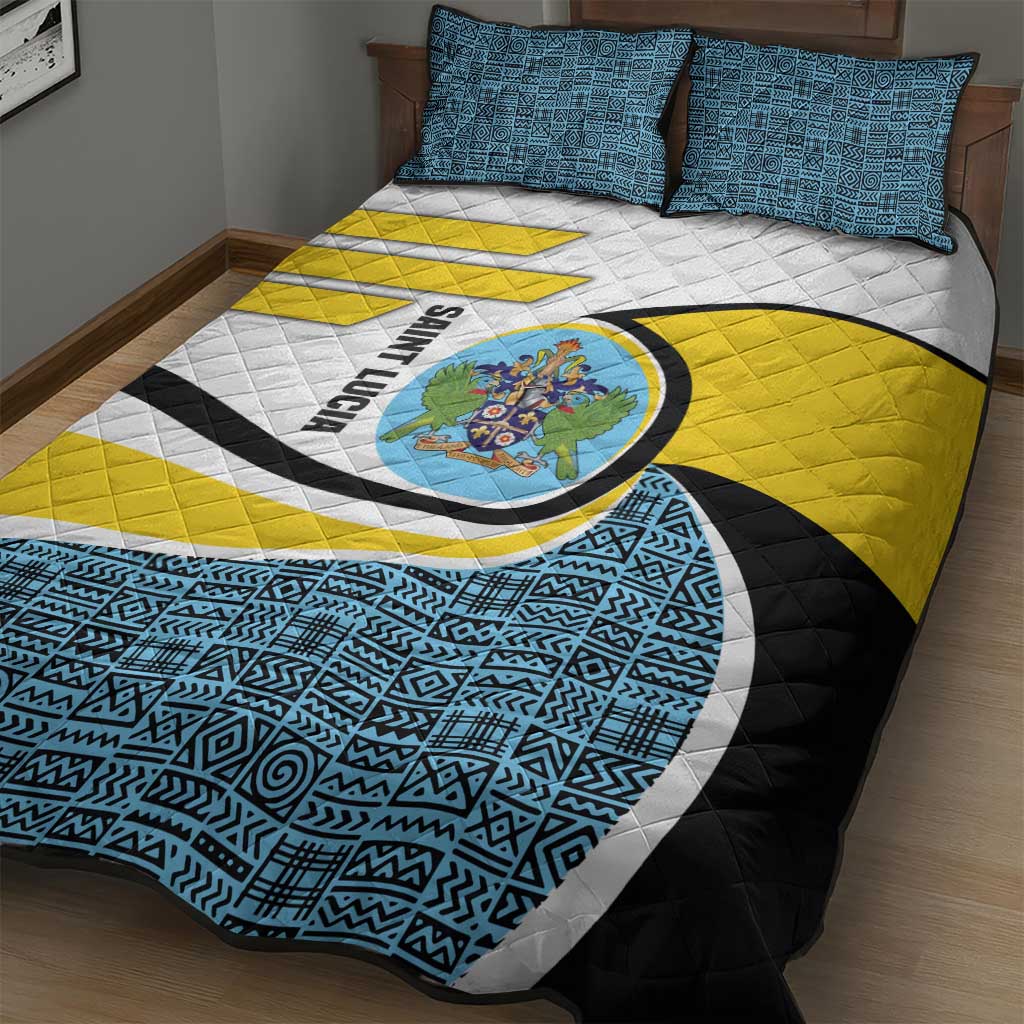 Saint Lucia Modern Tribal Crest Design Quilt Bed Set with Flag Colors and Bold Text Layout - Wonder Print Shop