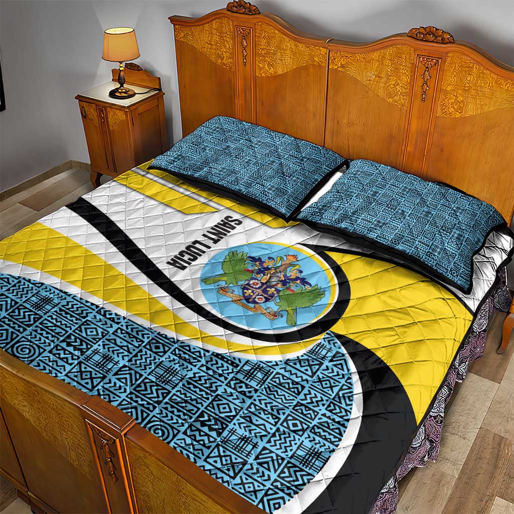 Saint Lucia Modern Tribal Crest Design Quilt Bed Set with Flag Colors and Bold Text Layout - Wonder Print Shop
