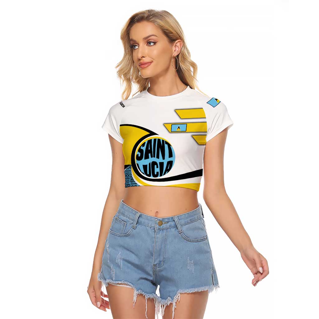 Saint Lucia Modern Tribal Crest Design Raglan Cropped T Shirt with Flag Colors and Bold Text Layout - Wonder Print Shop