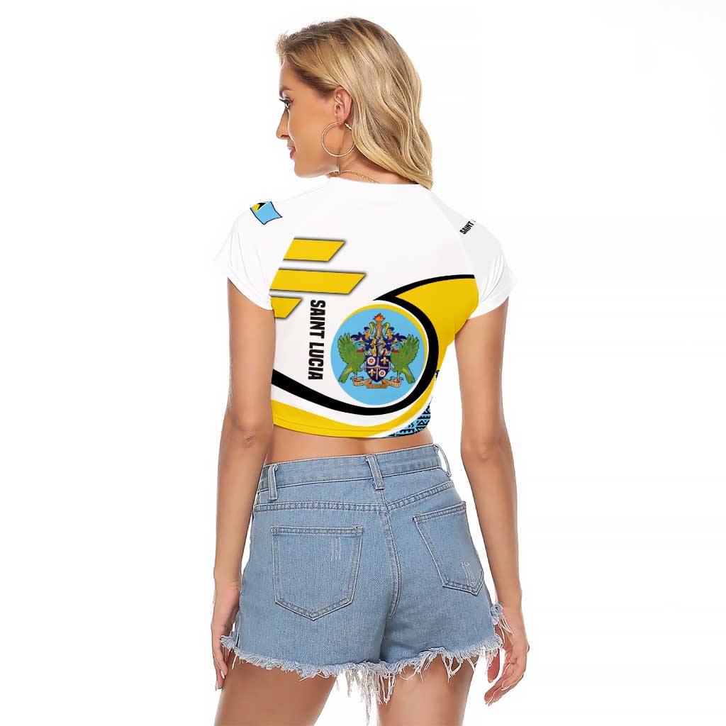 Saint Lucia Modern Tribal Crest Design Raglan Cropped T Shirt with Flag Colors and Bold Text Layout - Wonder Print Shop