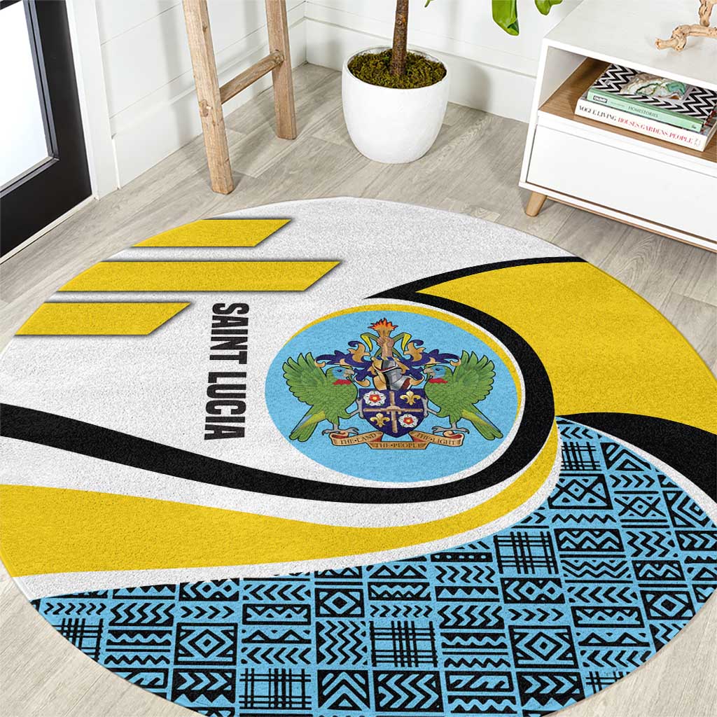 Saint Lucia Modern Tribal Crest Design Round Carpet with Flag Colors and Bold Text Layout - Wonder Print Shop