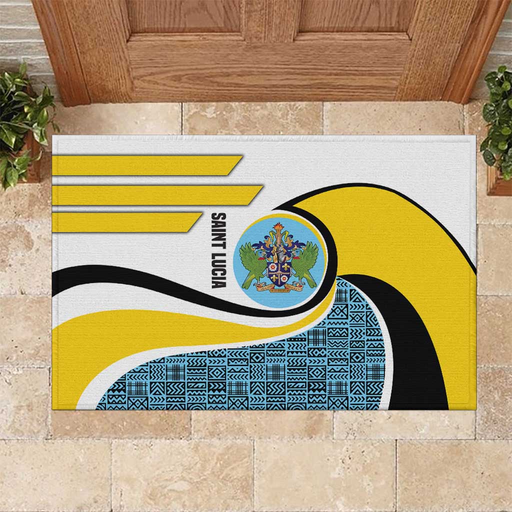 Saint Lucia Modern Tribal Crest Design Rubber Doormat with Flag Colors and Bold Text Layout - Wonder Print Shop