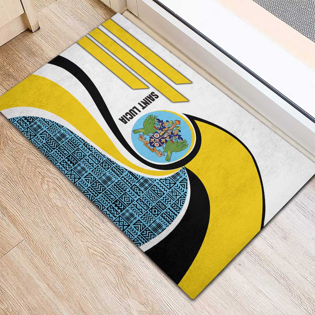 Saint Lucia Modern Tribal Crest Design Rubber Doormat with Flag Colors and Bold Text Layout - Wonder Print Shop