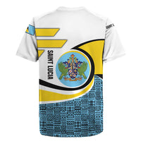 Saint Lucia Modern Tribal Crest Design Rugby Jersey with Flag Colors and Bold Text Layout - Wonder Print Shop