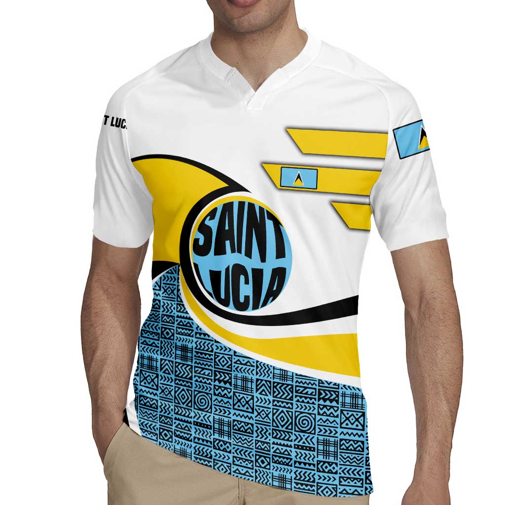 Saint Lucia Modern Tribal Crest Design Rugby Jersey with Flag Colors and Bold Text Layout - Wonder Print Shop