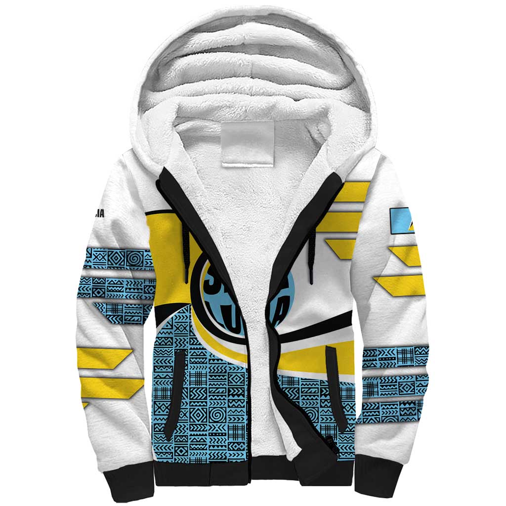 Saint Lucia Modern Tribal Crest Design Sherpa Hoodie with Flag Colors and Bold Text Layout - Wonder Print Shop