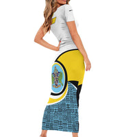 Saint Lucia Modern Tribal Crest Design Short Sleeve Bodycon Dress with Flag Colors and Bold Text Layout - Wonder Print Shop