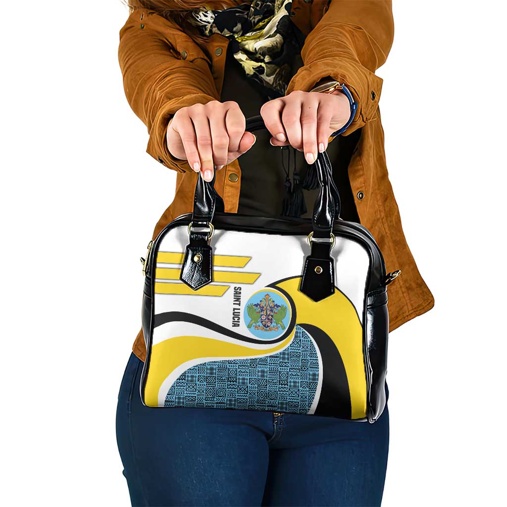 Saint Lucia Modern Tribal Crest Design Shoulder Handbag with Flag Colors and Bold Text Layout - Wonder Print Shop