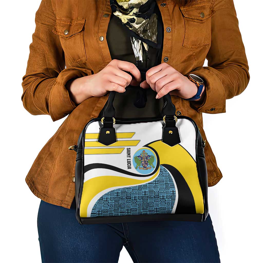 Saint Lucia Modern Tribal Crest Design Shoulder Handbag with Flag Colors and Bold Text Layout - Wonder Print Shop