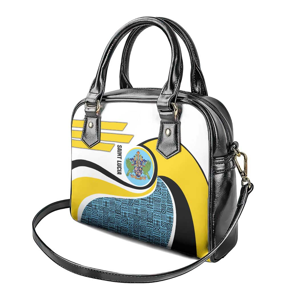 Saint Lucia Modern Tribal Crest Design Shoulder Handbag with Flag Colors and Bold Text Layout - Wonder Print Shop