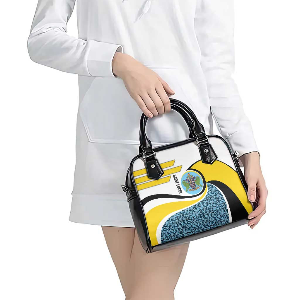Saint Lucia Modern Tribal Crest Design Shoulder Handbag with Flag Colors and Bold Text Layout - Wonder Print Shop
