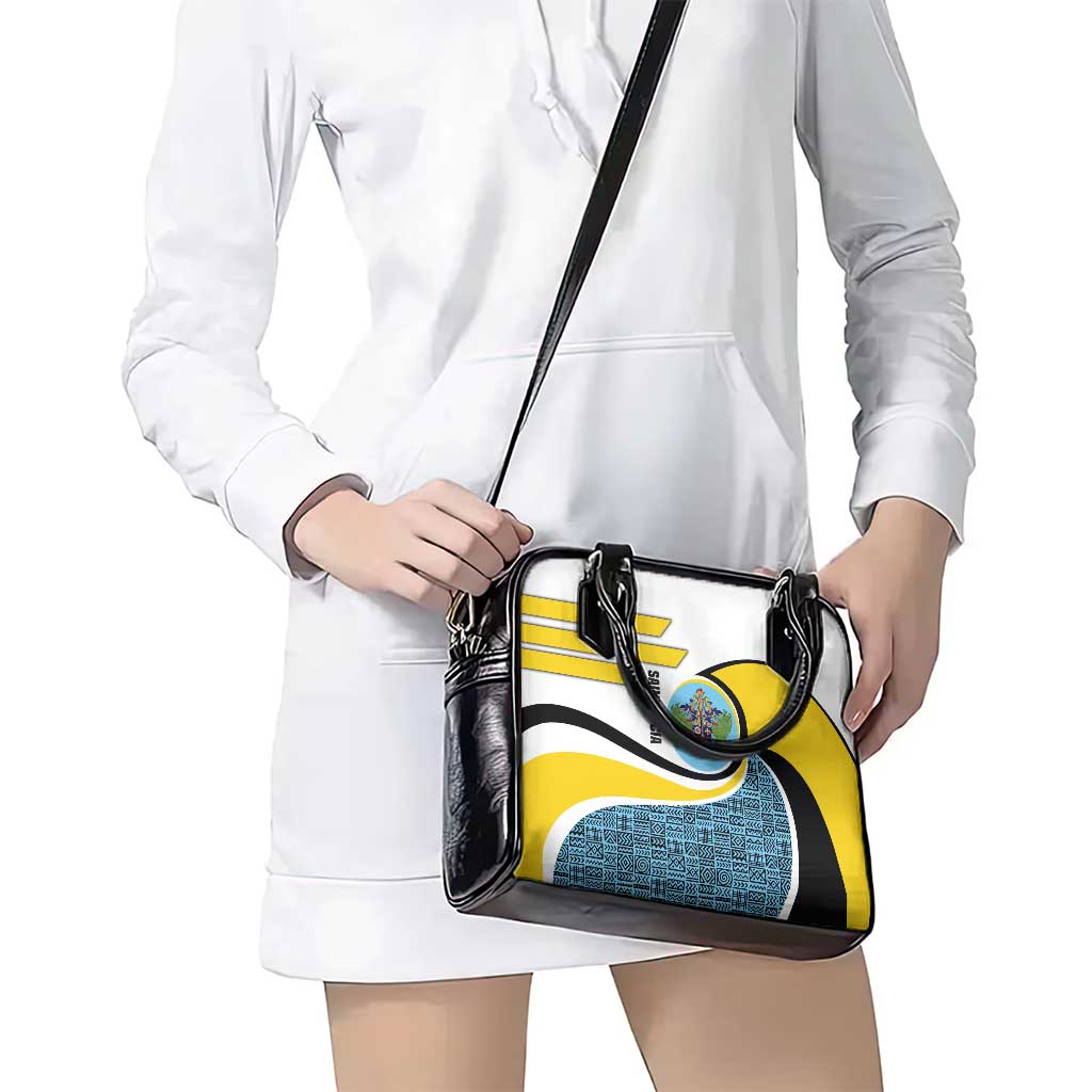 Saint Lucia Modern Tribal Crest Design Shoulder Handbag with Flag Colors and Bold Text Layout - Wonder Print Shop