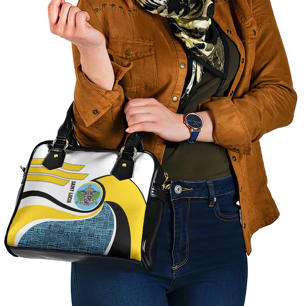 Saint Lucia Modern Tribal Crest Design Shoulder Handbag with Flag Colors and Bold Text Layout - Wonder Print Shop