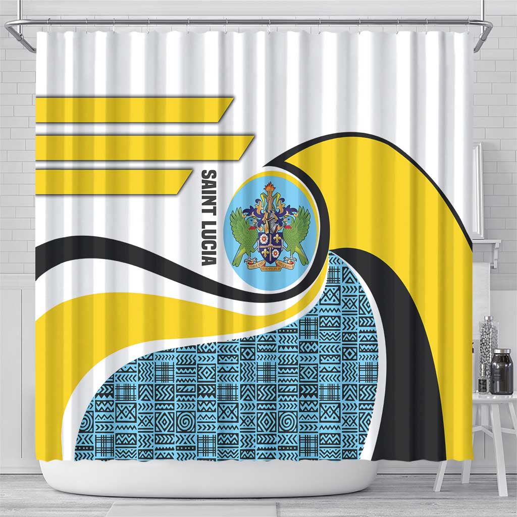 Saint Lucia Modern Tribal Crest Design Shower Curtain with Flag Colors and Bold Text Layout - Wonder Print Shop