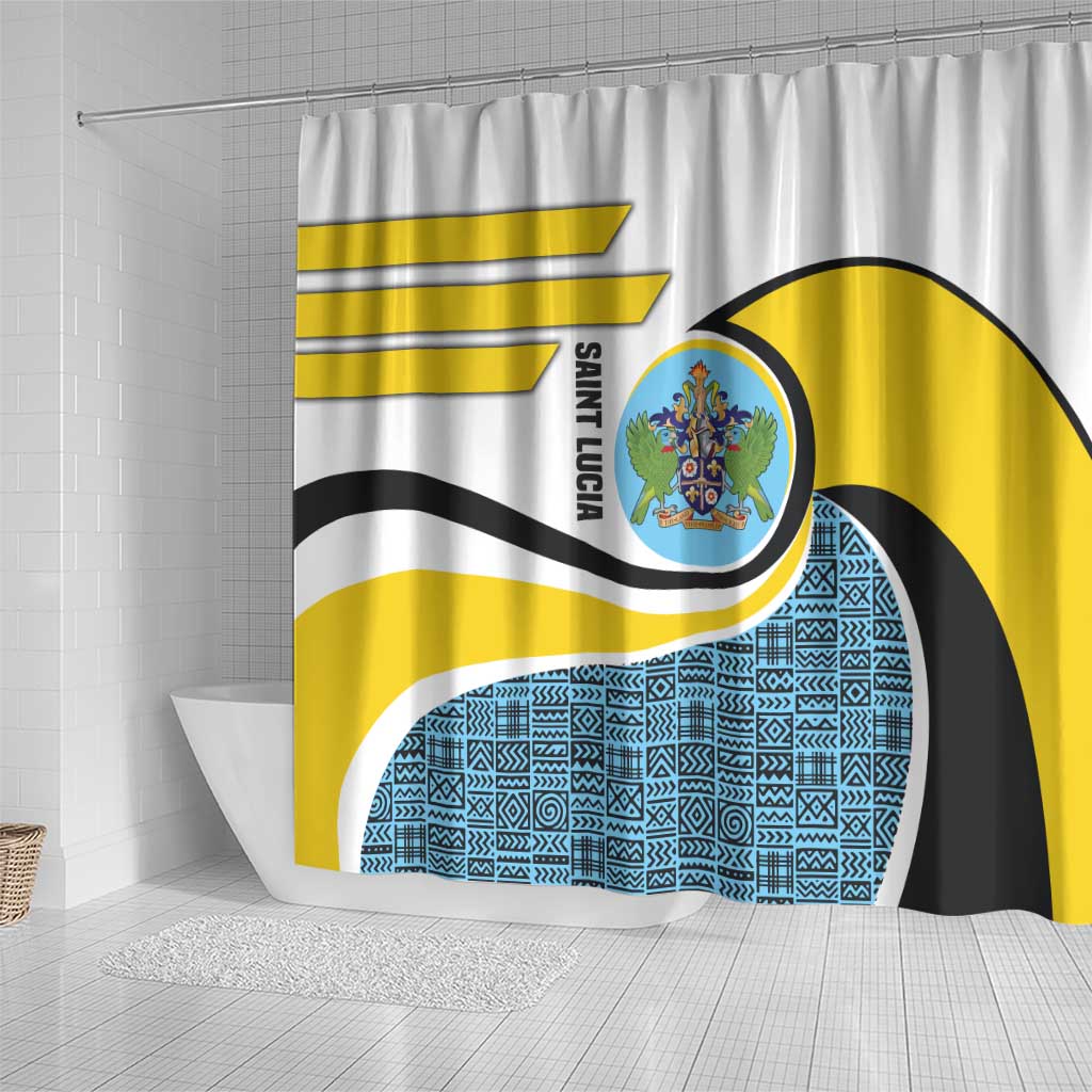 Saint Lucia Modern Tribal Crest Design Shower Curtain with Flag Colors and Bold Text Layout - Wonder Print Shop