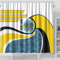 Saint Lucia Modern Tribal Crest Design Shower Curtain with Flag Colors and Bold Text Layout - Wonder Print Shop