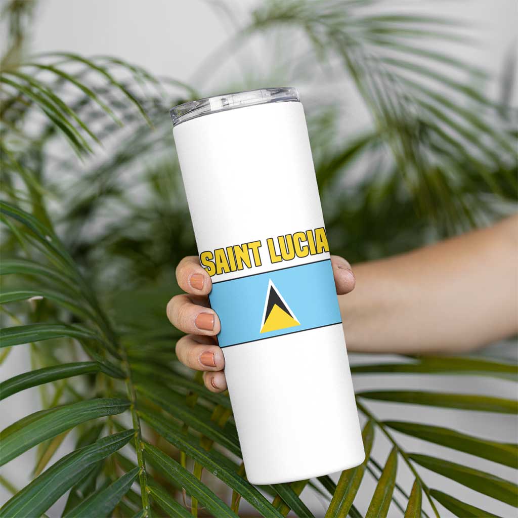 Saint Lucia Modern Tribal Crest Design Skinny Tumbler with Flag Colors and Bold Text Layout - Wonder Print Shop
