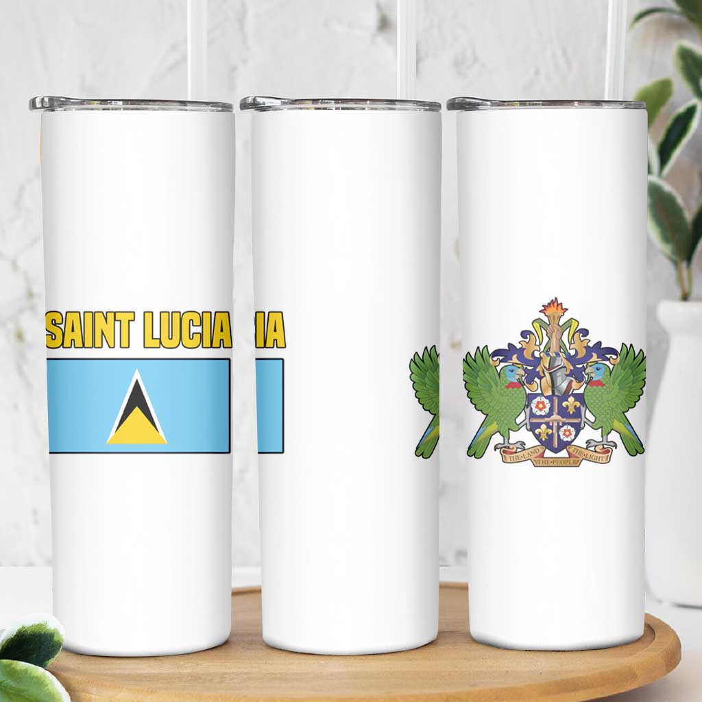 Saint Lucia Modern Tribal Crest Design Skinny Tumbler with Flag Colors and Bold Text Layout - Wonder Print Shop