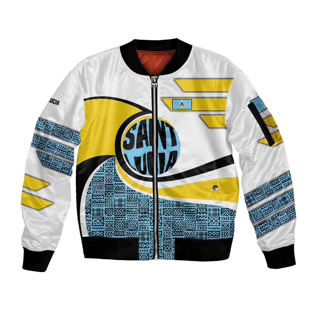 Saint Lucia Modern Tribal Crest Design Sleeve Zip Bomber Jacket with Flag Colors and Bold Text Layout - Wonder Print Shop