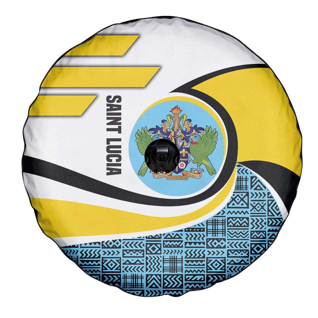 Saint Lucia Modern Tribal Crest Design Spare Tire Cover with Flag Colors and Bold Text Layout - Wonder Print Shop