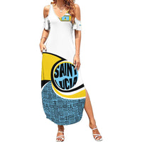 Saint Lucia Modern Tribal Crest Design Summer Maxi Dress with Flag Colors and Bold Text Layout - Wonder Print Shop